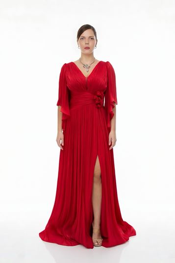 VNeck Waist Detail Pleated Plus Size Evening Dress